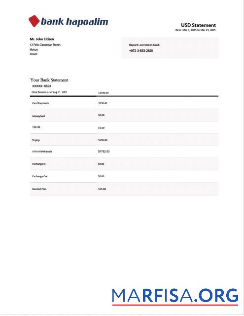 Downloadable Israel Bank Hapoalim bank statement word example